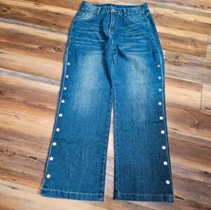 Women's Scandi Girl Blue Wide-Leg Jeans with Button Detail